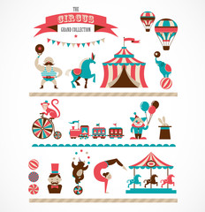 vintage huge circus collection with carnival, fun fair, vector - obrazy, fototapety, plakaty