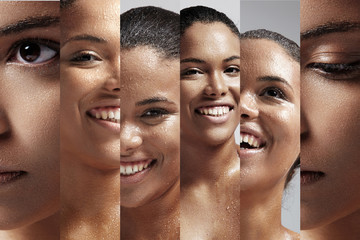 collage of portraits of a woman with a drops on her wet skin