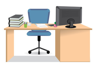 Computer desk, workplace cartoon, business concept, vector