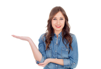 Pretty young woman with the hand extended