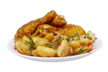 Fried chicken legs with potatoes, rosemary and thyme spices
