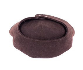 Brown peaked cap.
