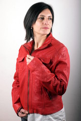 Woman with red leather jacket