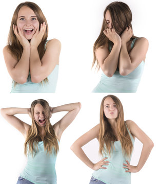 set of beautiful emotional woman over white background