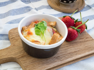 breakfast with toasts, egg, coffee and fruits