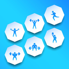 Exercises, trendy blue icons vector illustration, eps10
