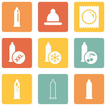 Vector Set of Condom Icons. Types of Condoms.