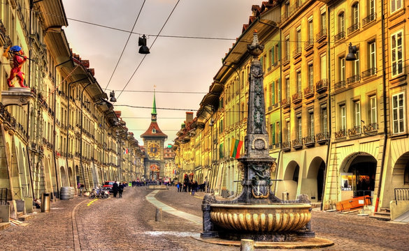 Kramgasse street in the Old City of Bern - UNESCO site in Switze