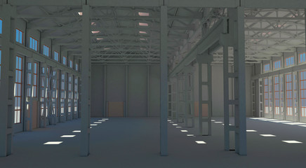 Stabile, fabbrica, edificio industriale, vuoto, 3d
