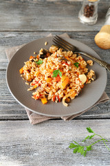 Delicious Risotto with peppers, carrots and tomatoes on a plate