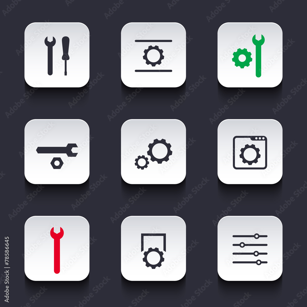 Sticker settings, configuration, preferences silver rounded square icons