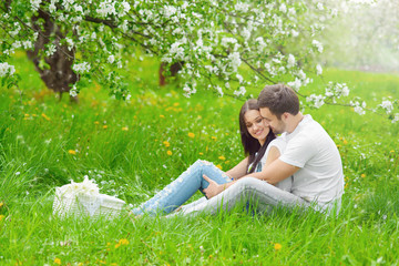 Naklejka na ściany i meble happy young couple in the garden with apple flowers