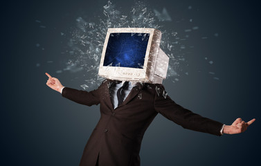 Computer monitor screen exploding on a young persons head