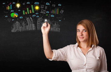 Cute woman sketching city and graph icons