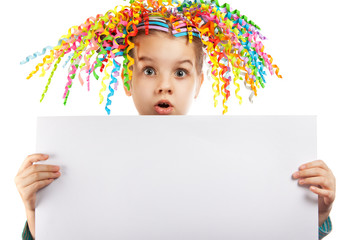 Surprised little girl holding a poster