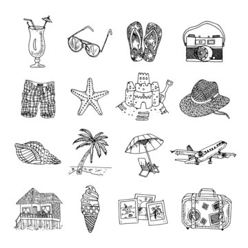 Summer vacation doodle sketch isons set