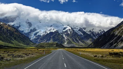 Fotobehang Aoraki/Mount Cook Weg naar Mount Cook Village, Nieuw-Zeeland - HDR-afbeelding