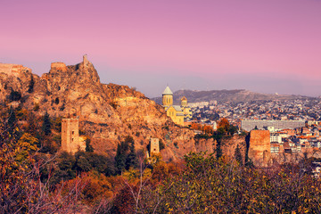 Narikala fortress at sunrise in Tbilisi, Georgia country