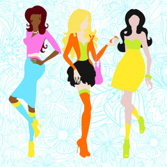 Silhouettes of girls in acid colors. Sixties