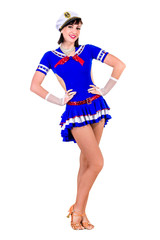 young dancer woman dressed as a sailor posing on an isolated