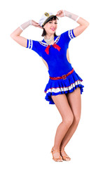 young dancer woman dressed as a sailor posing on an isolated