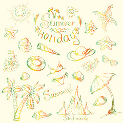 Vector set of summer travel and vacation emblems and symbols