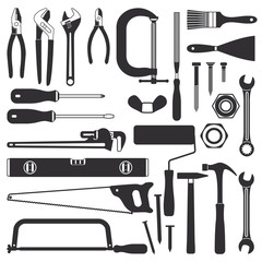 Various hand tools vector silhouette icon set 1