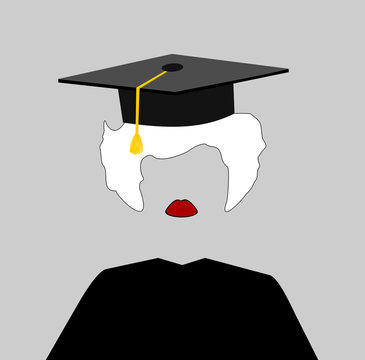 elderly woman with gray hair wearing graduation cap and gown