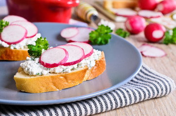 Fototapeta na wymiar Sandwich with cream cheese and radish