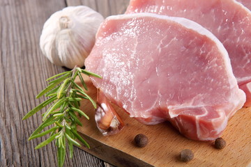 Raw pork chops on wooden cutting board.