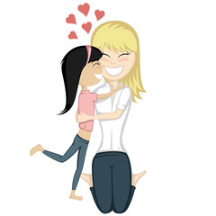 A cute black haired girl hugs her blonde mother with love.