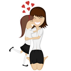 A cute brunette girl hugs her dark haired mother with love.