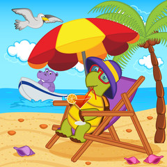 turtle drinking a cocktail in a lounge chair on the beach