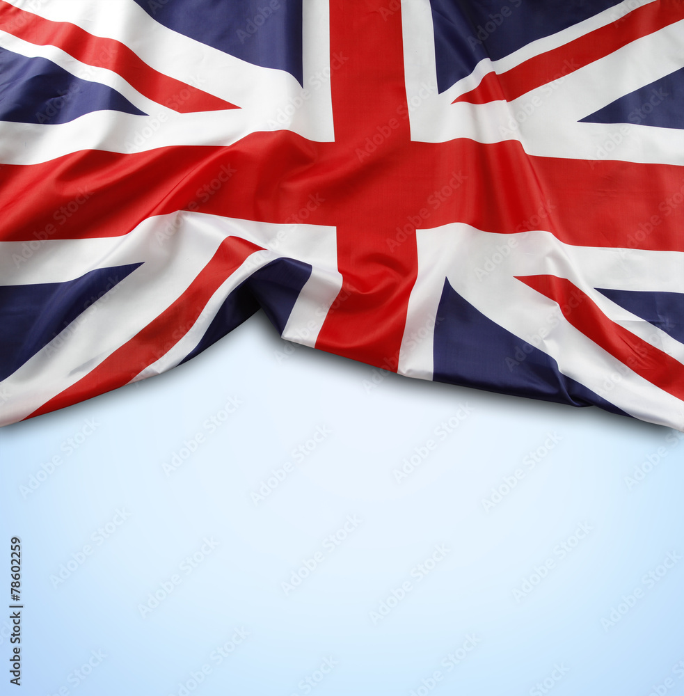 Sticker Union Jack flag on blue background. Copy space