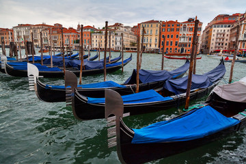 Fototapeta na wymiar Moored gondolas in Venice, Italy.