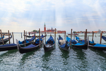 Fototapeta na wymiar Moored gondolas in Venice, Italy