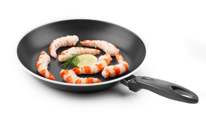 Raw shrimps on pan