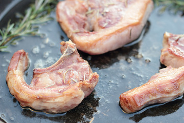 Shallow fried lamb cutlets with rosemary and sea salt.