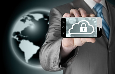 Man holds smart phone with cloud security concept on white