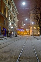Obraz premium Beautiful winter cityscape in the center of old Lvov city at the