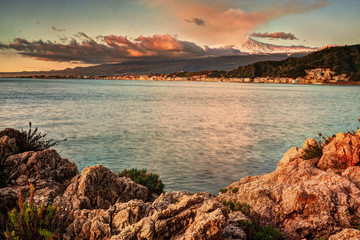 Sicily, Italy: Etna seen from Taormina at sunrise