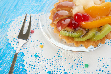 sweet cake with fruits on plate
