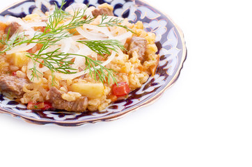 Oriental shah pilaf, pilaw, plov, rice with meat in pastry filo