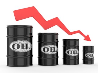 Oil Barrels with Red Arrow down. Financial crisis
