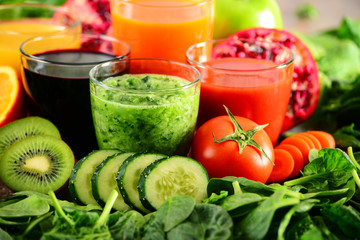 Glasses of fresh organic vegetable and fruit juices