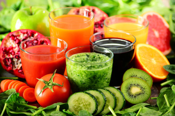 Glasses of fresh organic vegetable and fruit juices