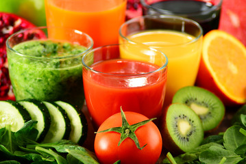 Glasses of fresh organic vegetable and fruit juices