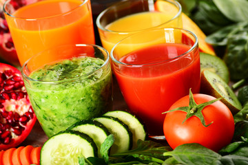 Glasses of fresh organic vegetable and fruit juices