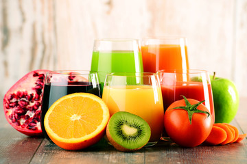 Glasses of fresh organic vegetable and fruit juices