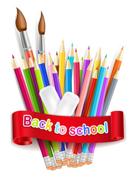 Back to school. Rainbow pencils and eraser isolated on the white